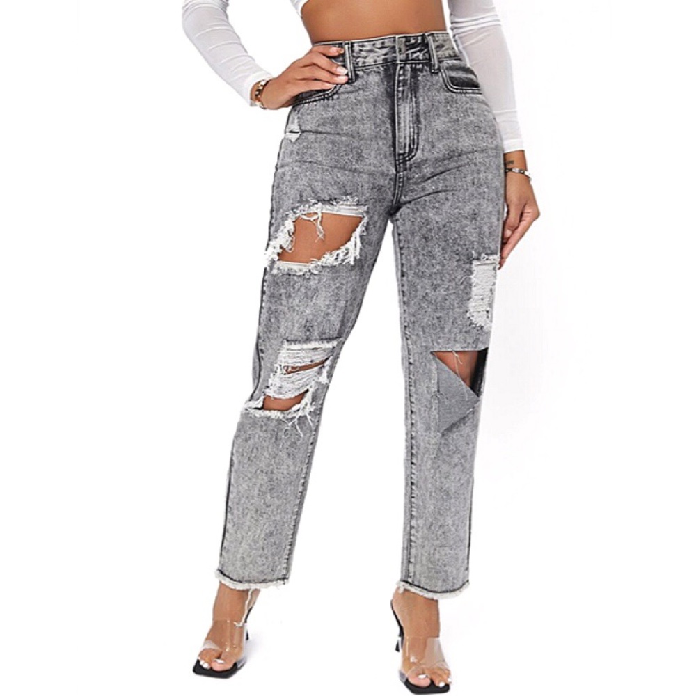 🌫 LIGHT GREY DENIM DISTRESSED HIGH WAIST RIPPED MOM JEANS!